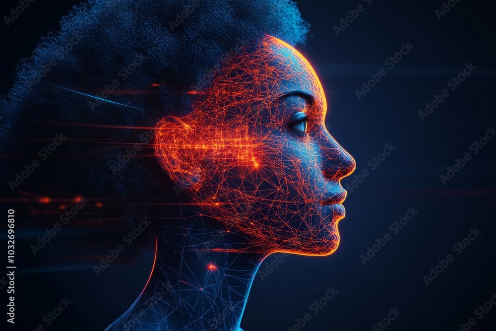 Poster digital portrait of a woman’s face made from glowing neural connections symbolizing artificial intel