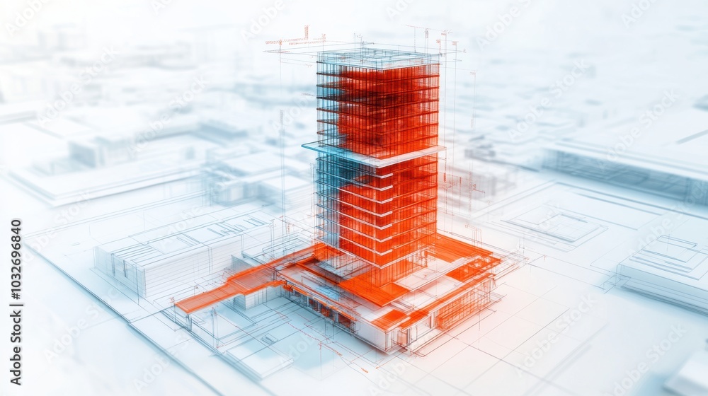 Aufkleber red 3d architectural render of a building on a blueprint background