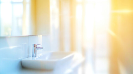 Abstract blurred view of a bright bathroom with soft bokeh effects highlighting sink and mirror