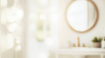 Bright, abstract bathroom with a soft bokeh effect showcasing a mirror and sink in muted colors