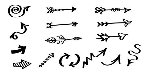 Set of hand drawn, decorative arrows. Doodle sketchy spirals, zigzags, curves, and geometric shapes isolated on white background. Vector brush elements.
