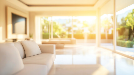 Fototapeta premium Bright and spacious modern living room with soft tones and warm sunlight streaming through large windows