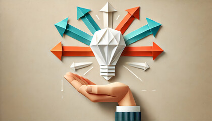 Origami Light Bulb Innovation Concept with Circular Burst of Arrows in Professional Minimalist Style Featuring Red Blue Orange and Teal Colors on Neutral Background
