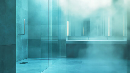 Fototapeta premium Spacious bathroom with misted glass shower and soft light reflections creating a calming ambiance