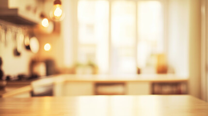A tranquil and inviting kitchen space features soft lighting and pastel tones