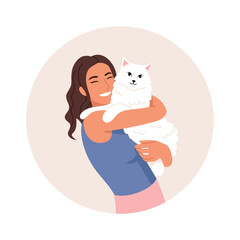 Vector illustration of a beautiful girl hugging a kitten. Cartoon scene of a joyful girl with wavy hair holding a white cat in her arms isolated on a white background. Caring attitude towards a pet.