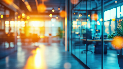 Dreamlike blurred modern office environment with soft focus and ethereal lighting at sunset