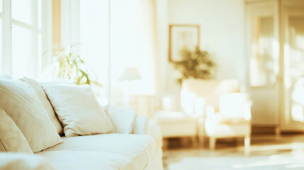 Cozy living room with a dreamy atmosphere and bright morning light in soft beige tones