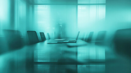 A blurred perspective of a corporate meeting space with laptops and documents in soft blue and gray hues