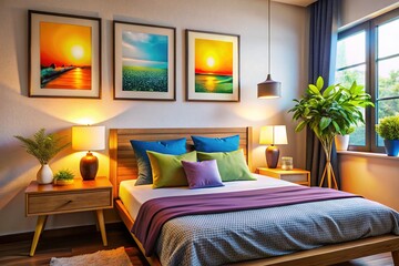 Fototapeta premium Modern Bedroom Interior with Wall Art and Decorative Objects