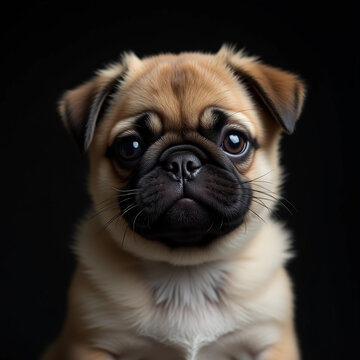 S&uuml;&szlig;er Mops mit gro&szlig;en Augen auf schwarzem Hintergrund