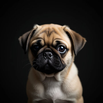 S&uuml;&szlig;er Mops mit gro&szlig;en Augen auf schwarzem Hintergrund