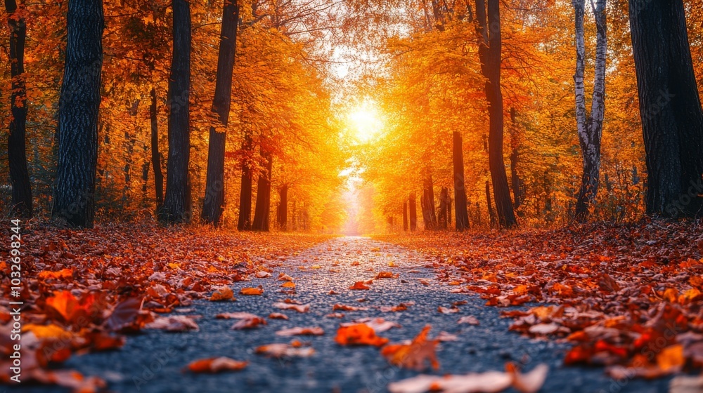 Poster A tranquil path winds through a forest during autumn, illuminated by the warm glow of the setting sun, surrounded by colorful falling leaves.