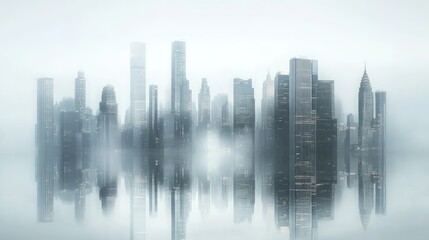 A misty skyline reflecting on water, creating a serene urban landscape.