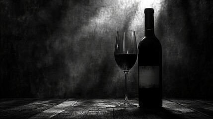 A bottle of red wine and a glass of red wine on a wooden table with a dark background.