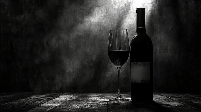 A bottle of red wine and a glass of red wine on a wooden table with a dark background.