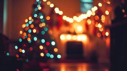 Fototapeta premium A warm, decorated home glowing softly for Christmas with lights and a fuzzy silhouette of a tree