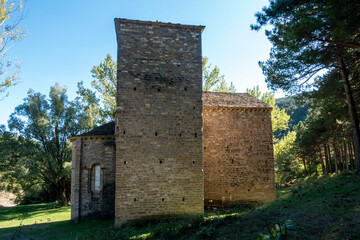 Romanesque church of Santa Maria de Iguacel from the 11th century in Larrosa. Huesca, Aragon, Spain.