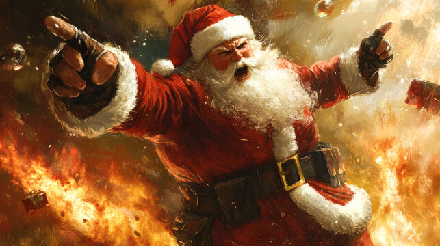 Explosive santa claus celebrates christmas in dynamic festive cheer