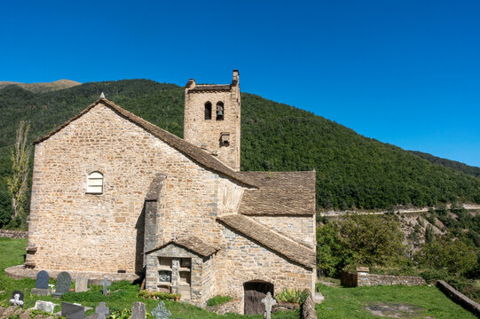 Church of San Miguel in Linas de Broto from the 16th century with its 13th century tower. Huesca, Aragon, Spain.