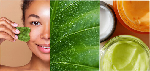 Beauty collage  of a african american young woman using a green jade gua sha on her cheek,...