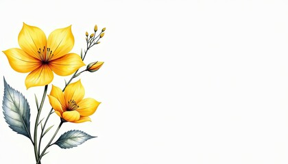 Bright yellow and silver flower on white background Sunny watercolor floral design for bright and cheerful greeting cards wedding invitations posters with ample text space.