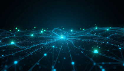 Obraz premium Abstract Digital Network with Glowing Points and Connecting Lines in a Dark Background, Symbolizing Data and Technology