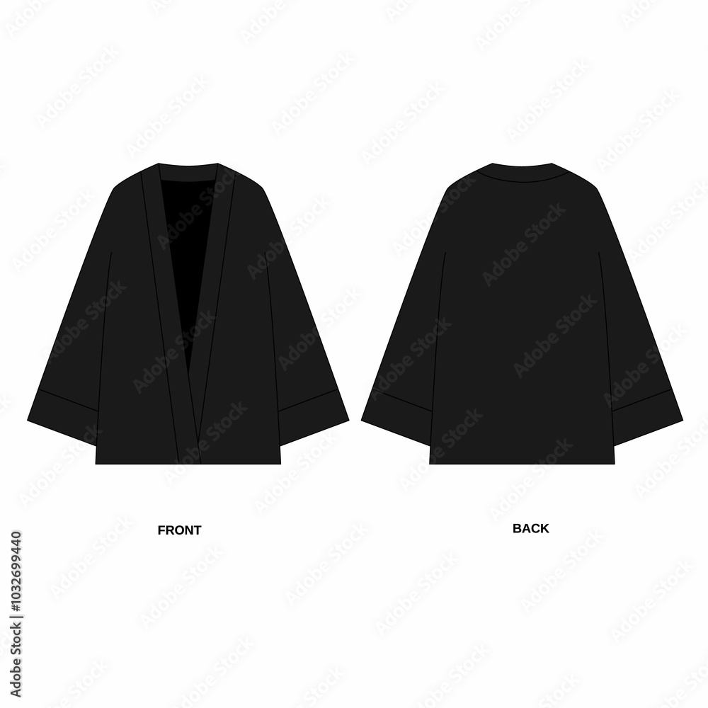 Wall mural illustration of kimono style jacket front and back view. Template of simple cut shirt with loose sleeves black color. Flat sketch of a loose cut robe with long sleeves.