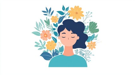 A serene illustration of a woman surrounded by colorful flowers and leaves, representing peace and tranquility in nature.