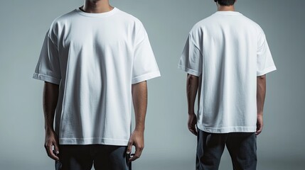 This image features a front and back view of plain white T-shirts displayed on a neutral background, ideal for mockups or showcasing minimalist fashion designs.