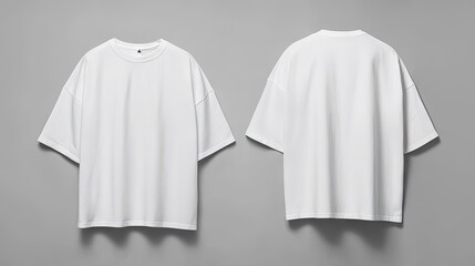 Fototapeta premium This image features a front and back view of plain white T-shirts displayed on a neutral background, ideal for mockups or showcasing minimalist fashion designs.