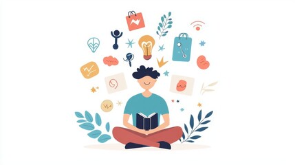 A person reading a book surrounded by various icons representing knowledge, technology, and communication.