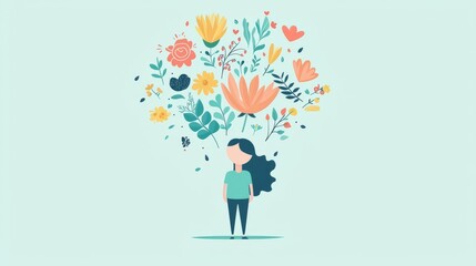 Obraz premium A whimsical illustration of a girl surrounded by colorful flowers, symbolizing growth, joy, and nature's beauty.