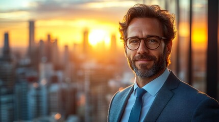 Fototapeta premium Successful businessman smiling with city skyline at sunset