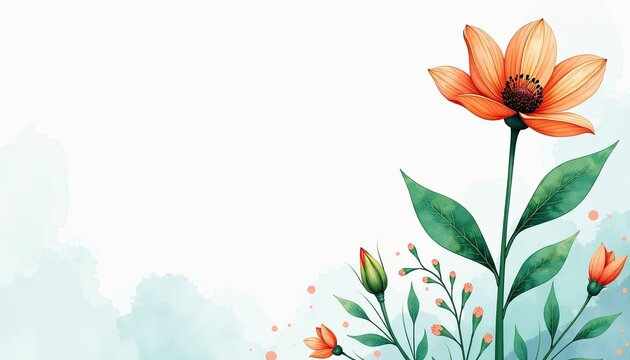 Aqua green and bronze flower on white background Cool watercolor floral pattern for refreshing greeting cards wedding invitations posters or banners with customizable text space.