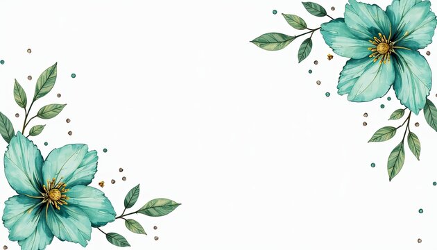 Aqua green and bronze flower on white background Cool watercolor floral pattern for refreshing greeting cards wedding invitations posters or banners with customizable text space.