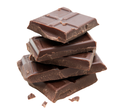 morceau d'une tablette de chocolat au lait empilé, détouré sur fond transparent 