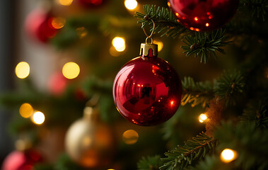 red gold balls adorn festive glowing christmas tree holiday