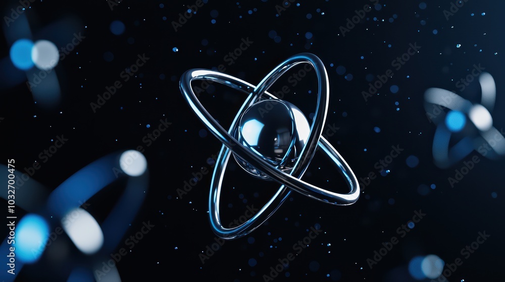 Poster a 3d rendering of an atom with blue and metallic elements, set against a dark background, evoking a 