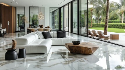 Sleek Modern Living Room Featuring Marble Floors and Glass Walls