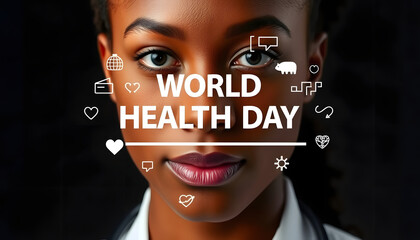 Image of medical icons and world health day text over biracial female doctor isolated with white highlights, png
