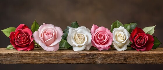 A beautiful display of assorted roses in various colors on a rustic wooden surface against a neutral background.