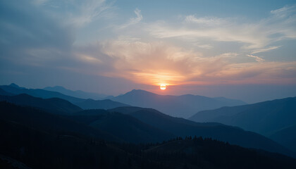 Serene Mountain Landscape at Sunrise, Illuminating Rolling Hills and Valleys
