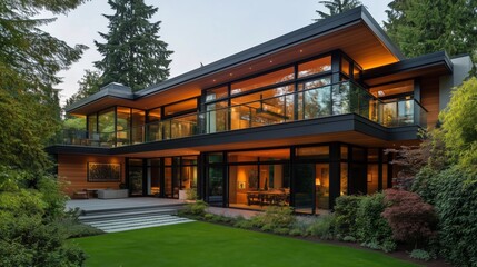 Stunning modern house with expansive glass windows and wooden accents