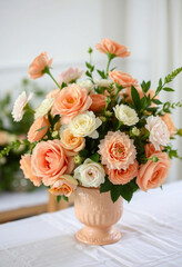 A beautiful arrangement of peach roses and flowers elegantly displayed in a decorative vase on a white tablecloth, creating a sense of tranquility and sophistication in a bright room.


