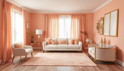 Fototapeta premium Stylish and cozy living room featuring peach and white decor. Elegant furnishings and warm lighting create a welcoming atmosphere. Perfect for showcasing contemporary interior design.