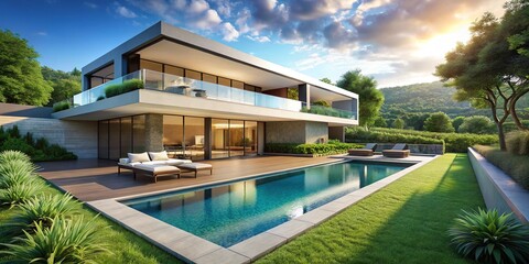 Fototapeta premium Modern Villa Surrounded by Nature with Infinity Pool