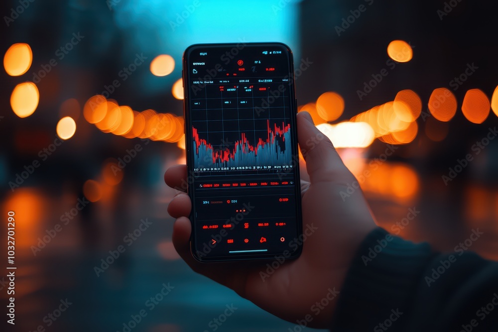 Poster a hand holding a smartphone displaying financial data with a chart in a softly lit urban environment