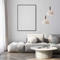 Frame mockup, ISO A paper size. Living room wall poster mockup. Interior mockup with house background. Modern interior design. 3D render
