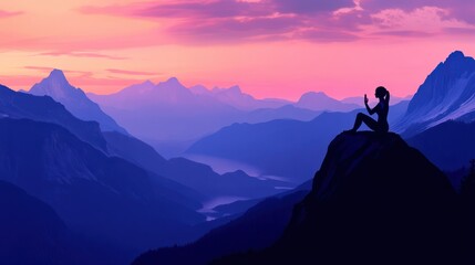 silhouette fitness girl practicing yoga on mountain